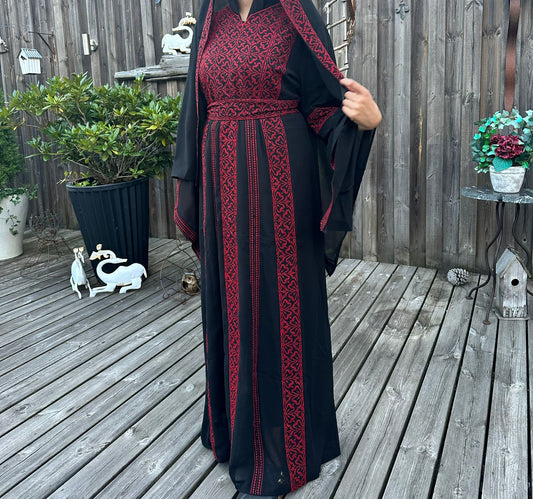 Black and red beaded dress with shawl and belt