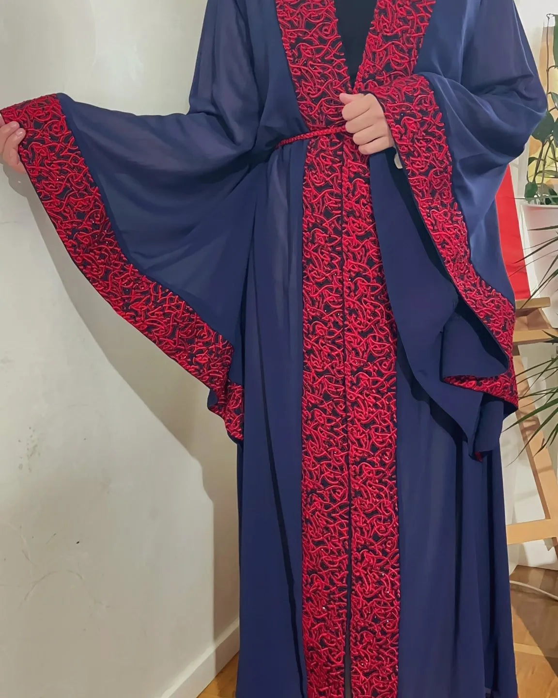 Royal blue Abaya beaded with Red traditional embroidery .