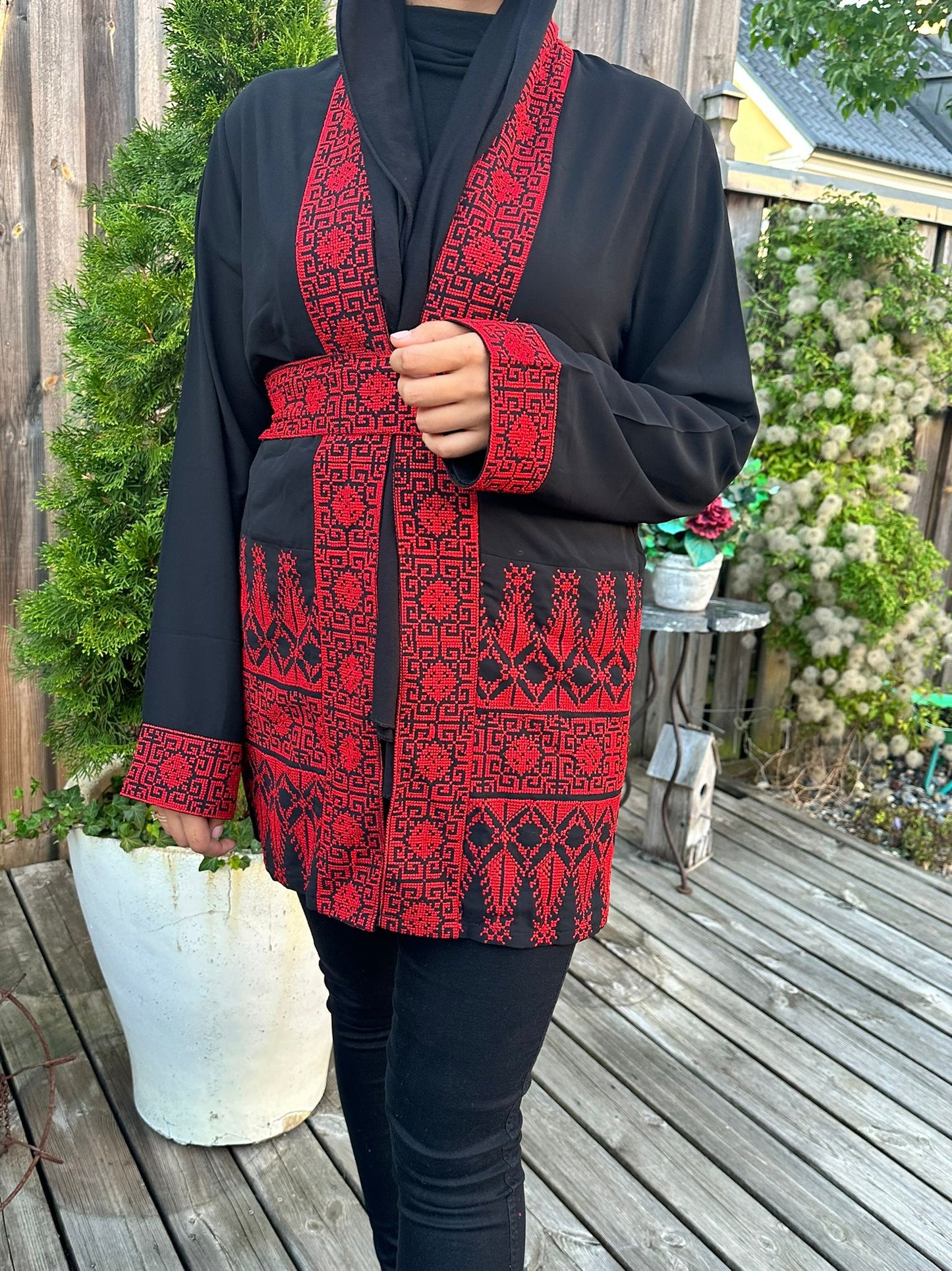 Black Chiffon Jacket with Red traditional embroidery. 2024