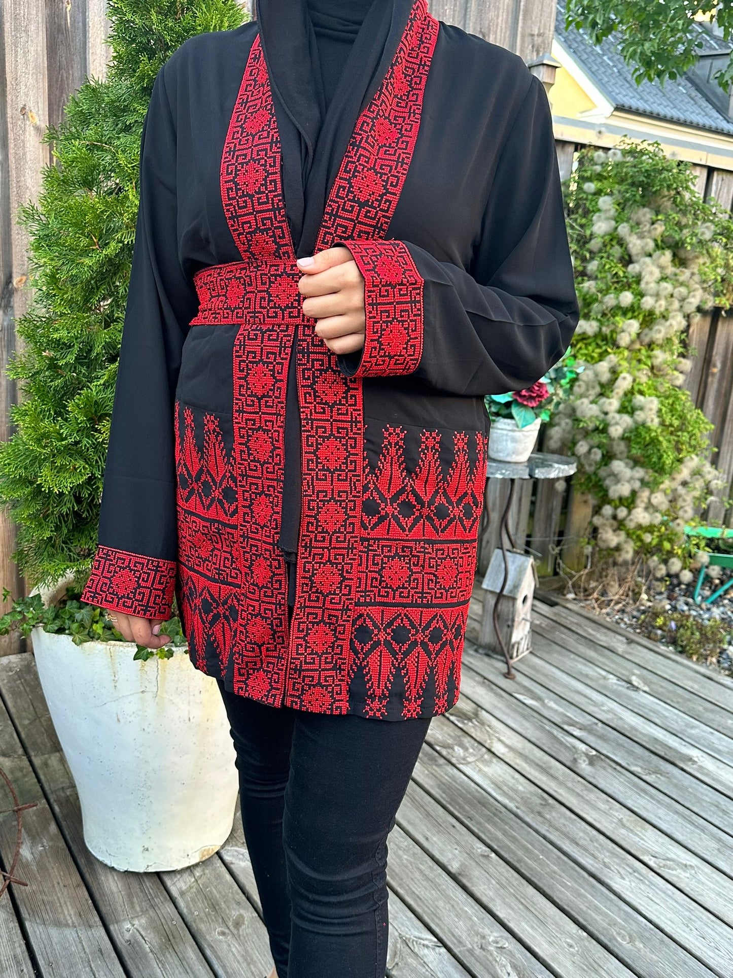 Black Chiffon Jacket with Red traditional embroidery. 2024